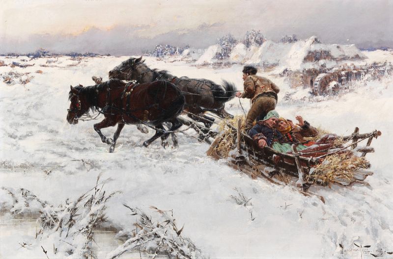 Lustige Schlittenfahrt by Jaroslav Věšín, oil painting depicting a lively winter sledding scene.
