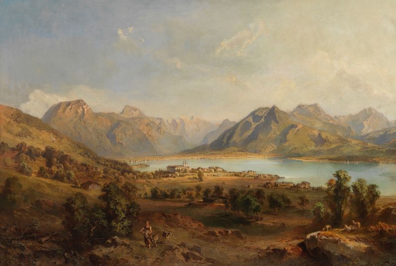 Blick auf den Tegernsee de Süddeutsch, óleo sobre lienzo que representa un lago tranquilo y montañas.