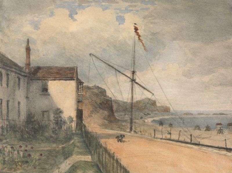 Coastal landscape with a solitary figure in grass, oil painting by William Crotch
