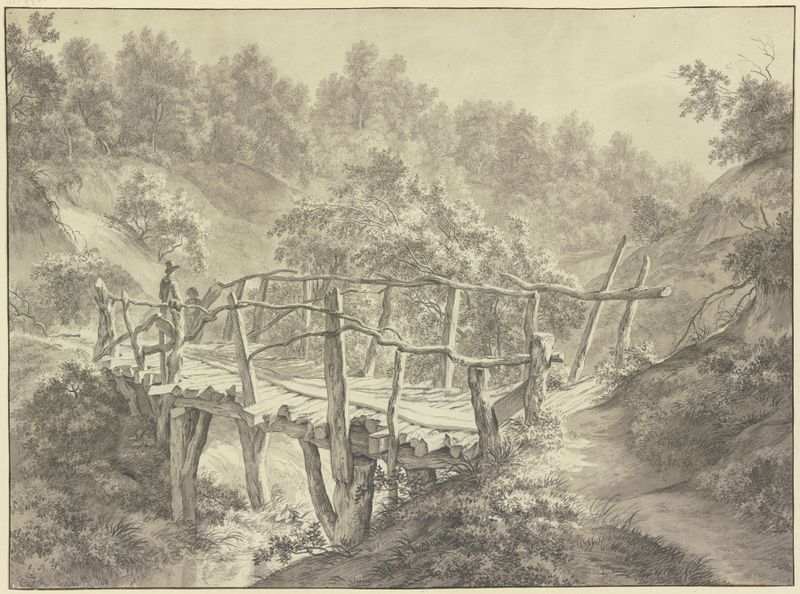 Prügelbrücke über einem Waldbach by Franciscus Andreas Milatz, oil on canvas showing a bridge over a river in a forest.