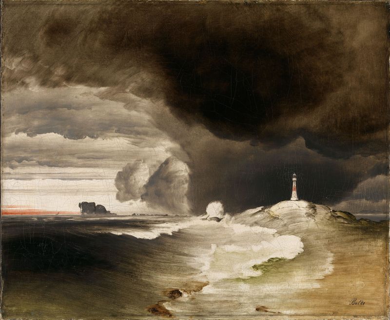 Faro en la costa noruega de Peder Balke, óleo de un faro contra un cielo tormentoso.