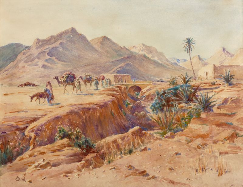 Genre scene depicting a caravan of travelers in colorful garments, oil painting by Alphonse Birck
