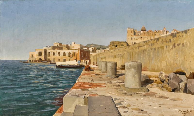 Escena marina con barcos al atardecer, pintura al óleo de Vladmir Donatovitch Orlovsky