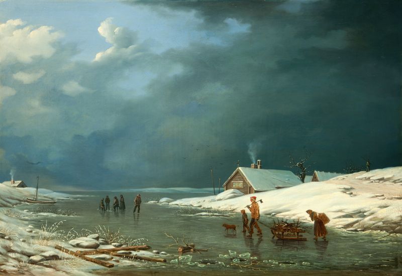Winter out on the Islands by Albert Berg, oil painting depicting a snowy landscape with a dramatic sky.