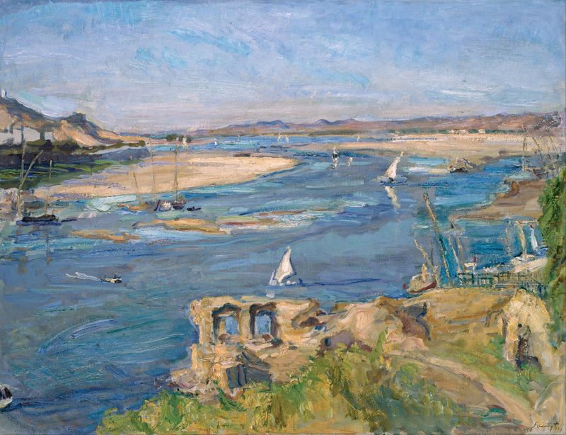 The Nile near Aswan by Max Slevogt, Impressionist oil painting depicting tranquil waters and shimmering light.