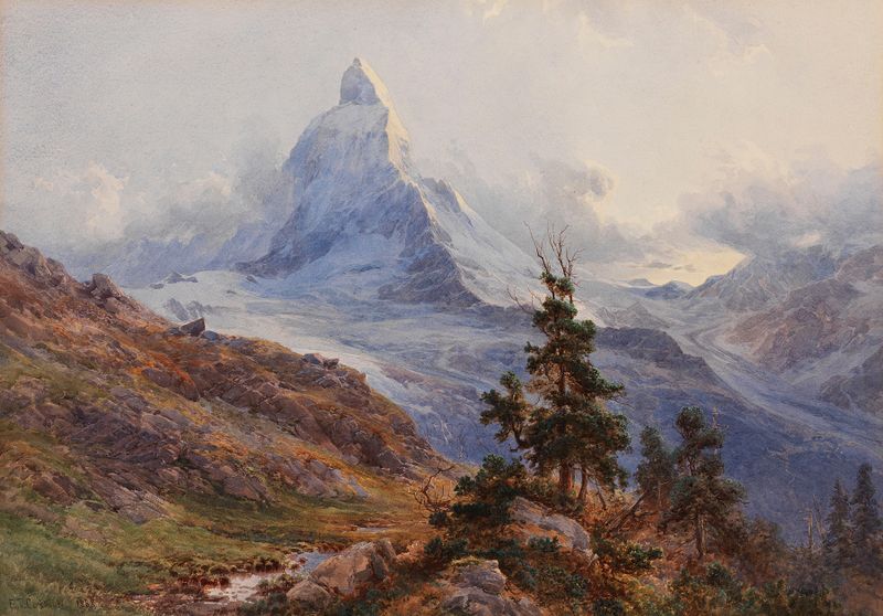 View of the Matterhorn, oil on canvas by Edward Theodore Compton, showcasing snow-capped mountains.