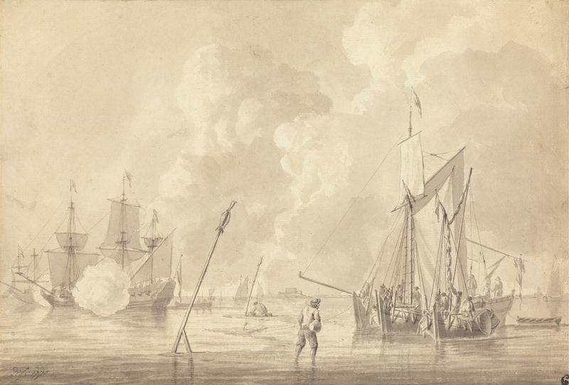 Firing a Salute, oil on canvas by Dominic Serres, depicting a ship's crew preparing to fire cannons.