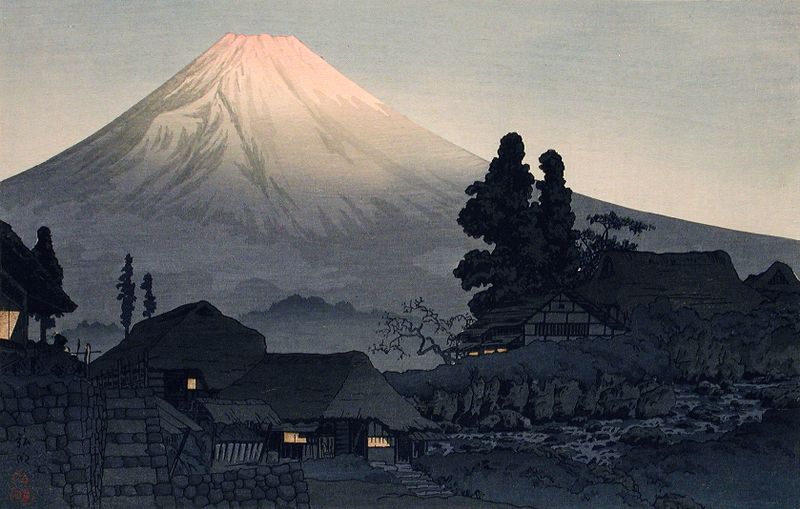 Ukiyo-e by Takahashi Hiroaki depicting Mount Fuji with clouds and a serene sky