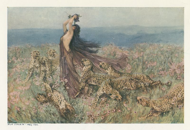A Bacchante de Arthur Wardle, pintura a óleo com uma mulher em verdes e dourados, simbolizando a natureza.