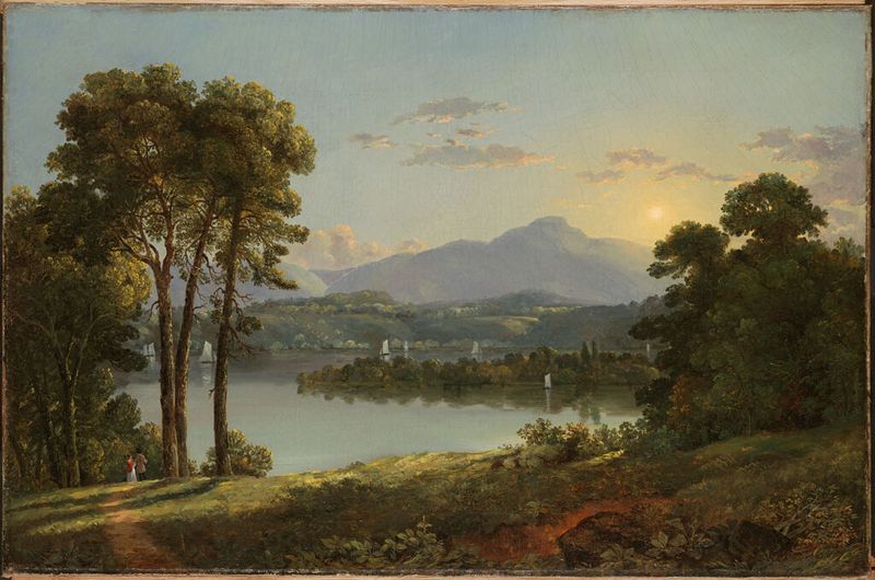 Vista de paisaje con río y montañas, óleo sobre lienzo de Christopher Pearse Cranch