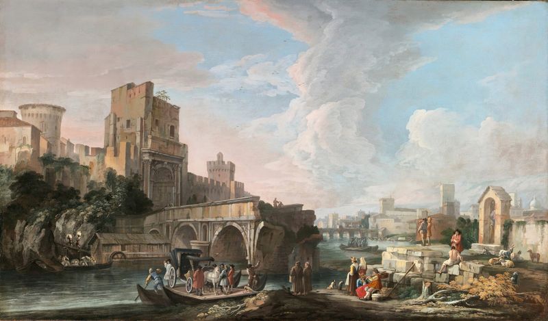 River landscape with a capriccio view of the Ponte Rotto, Rome by Luca Carlevarijs, oil painting