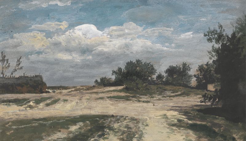 An Open Road de Patrick Nasmyth, óleo sobre tela mostrando uma estrada sinuosa sob um céu colorido.
