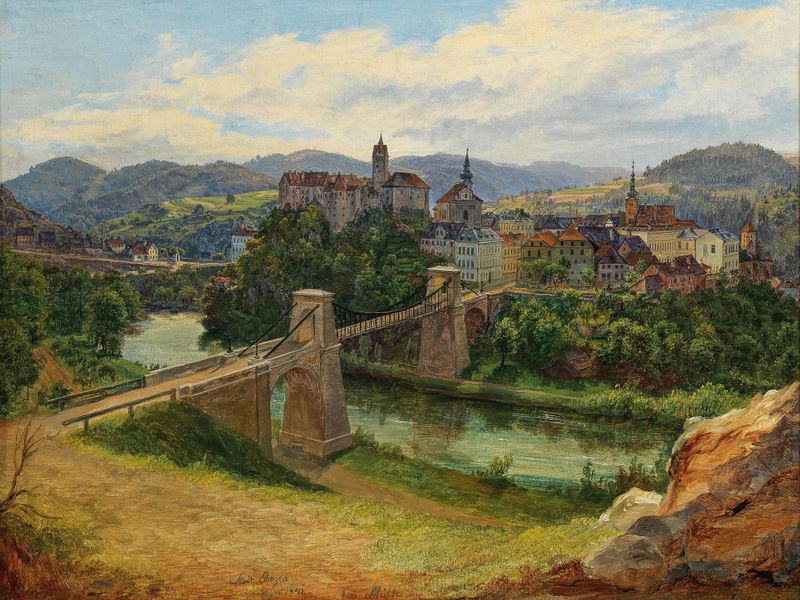 Landscape depicting the town of Loket in 1841 by Anton Schiffer