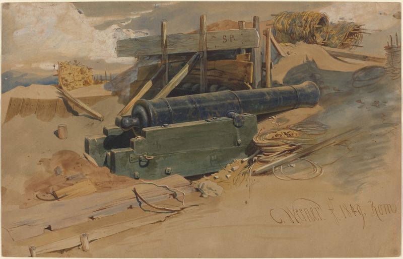 Cannon by a Bulwark, pintura a óleo de Carl Friedrich Heinrich Werner