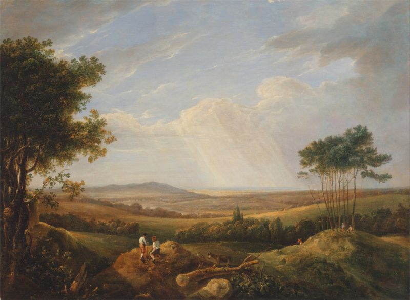 Landscape with Figures by Thomas Hastings, oil on canvas depicting hills and figures in a warm light.