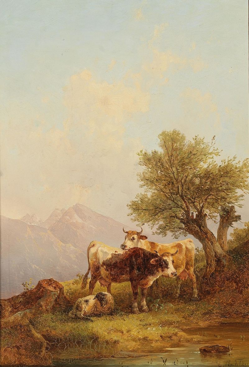 An Alpine Pasture by Edmund Mahlknecht, oil on canvas depicting mountains and green grass.