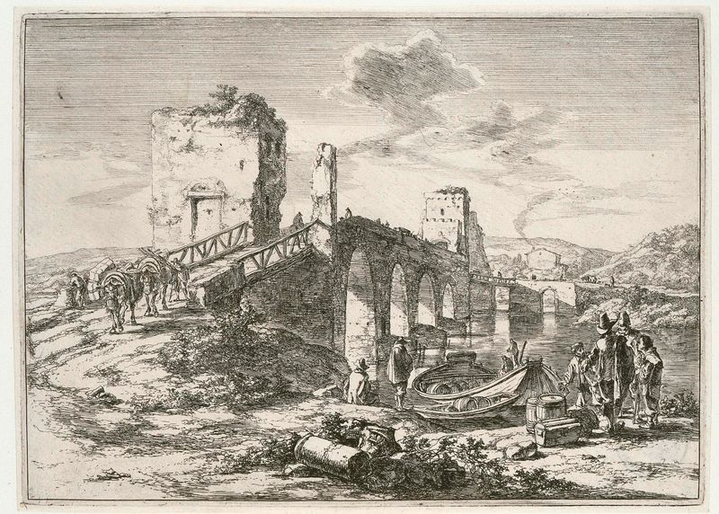 Landschap met brug, de Ponte Molle de Jan Both, gravura de uma paisagem de rio tranquila com uma ponte