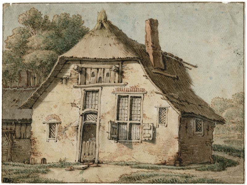 Landscape depicting a farmhouse in muted earth tones by Barend Hendrik Thier