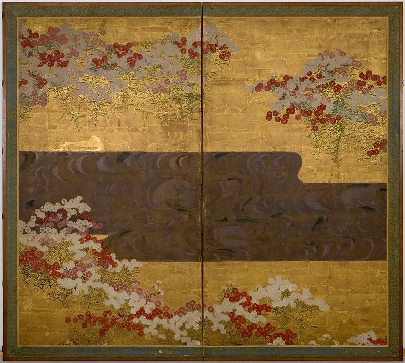Botanical scene with red and white flowers by Ogata Kōrin, silver medium