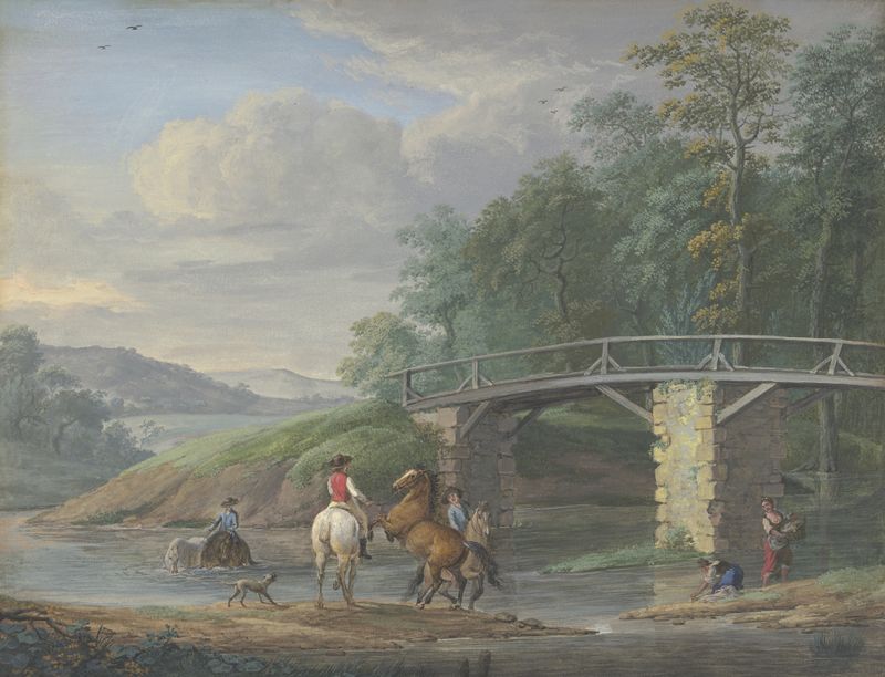 Oil painting by Johann Georg Pforr depicting horses and washerwomen by a river