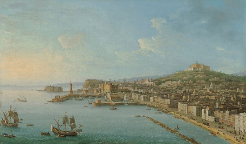 Rococo oil painting by Antonio Joli depicting Castel Nuovo in Naples at sunset