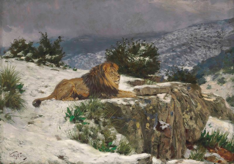 Un león descansando en la nieve, pintura al óleo de Geza Vastagh