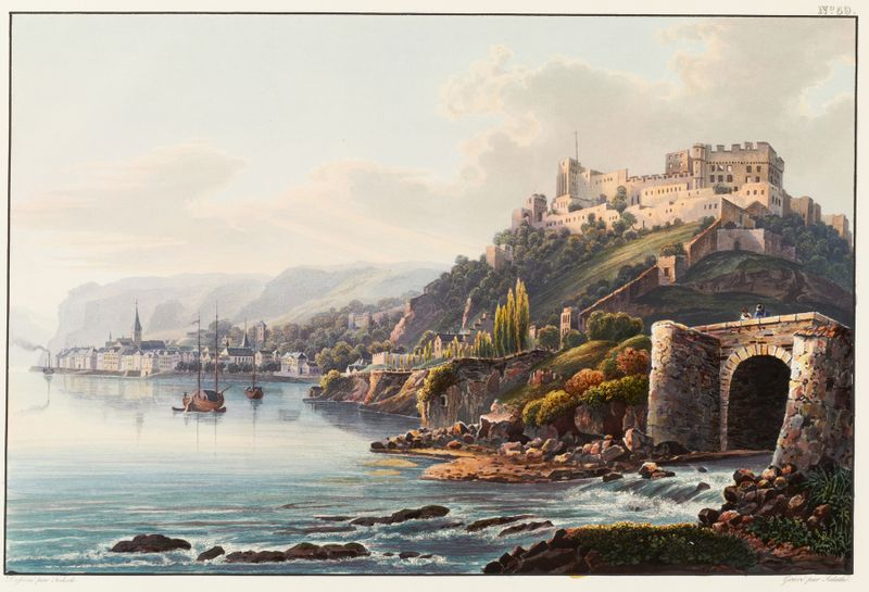 Paisagem com rio e ruínas, óleo de Johann Ludwig Bleuler