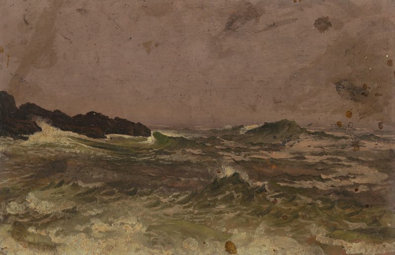 Maine Coast óleo de Frederic Edwin Church que representa un paisaje costero con olas y atardecer.