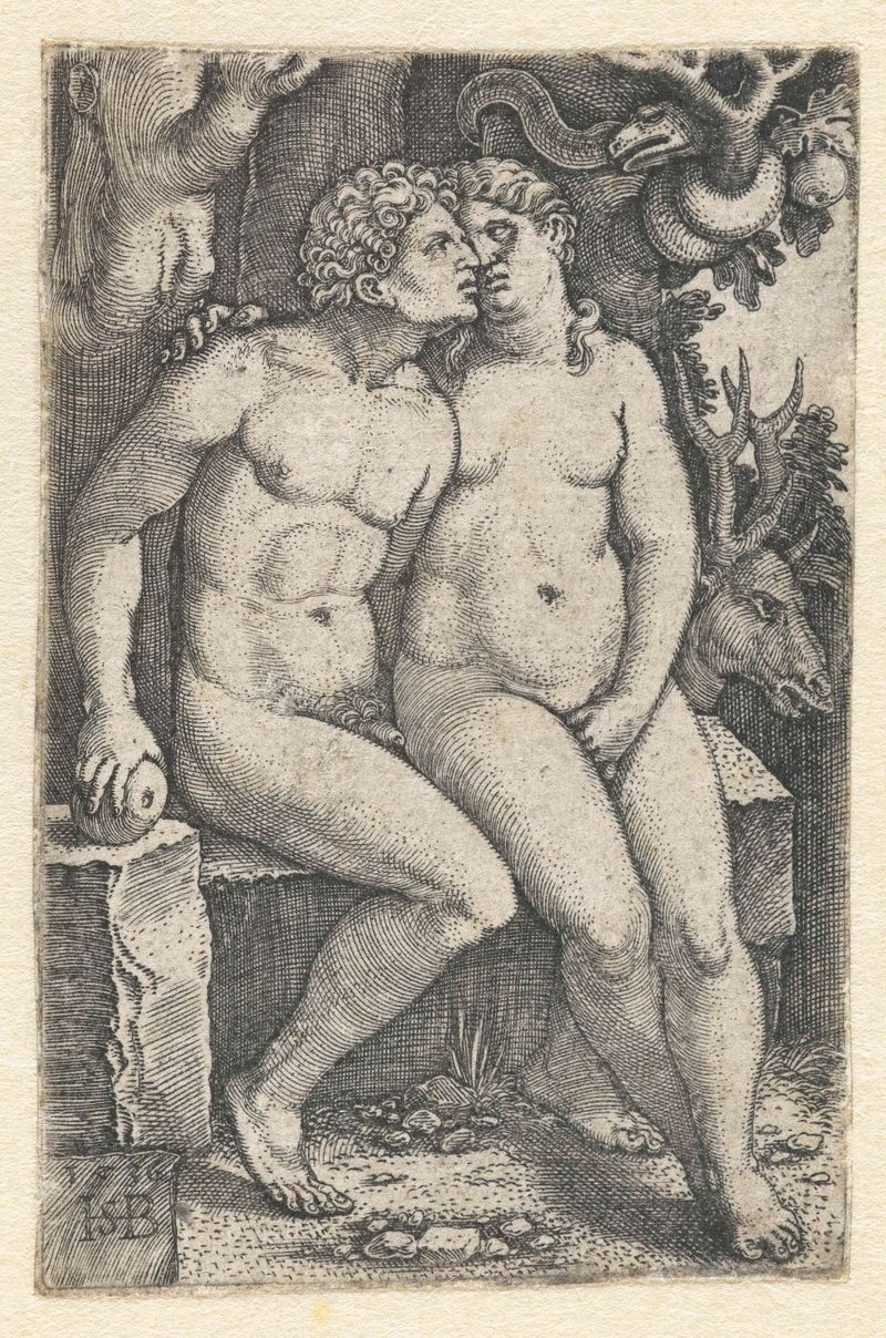 Gravura Verzoeking van Adam en Eva in het paradijs de Hans Sebald Beham mostrando Adão e Eva em um jardim exuberante.