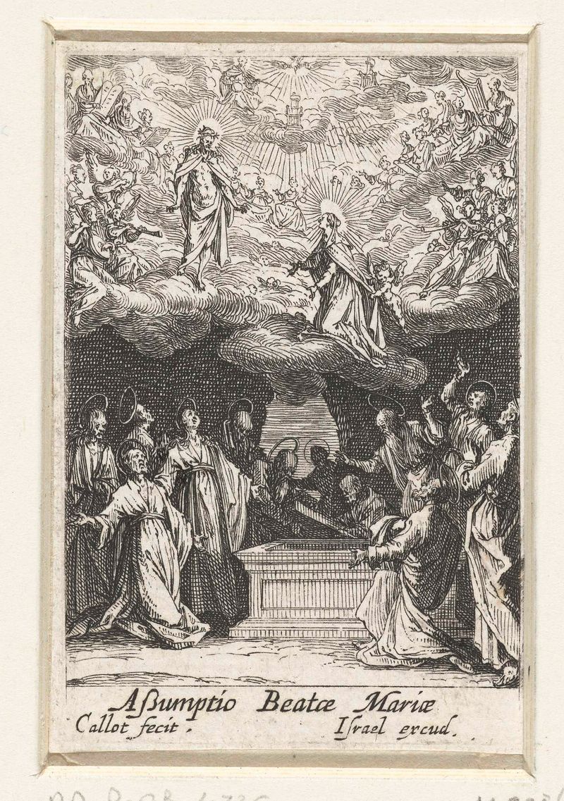 Hemelvaart van Maria, grabado de Jacques Callot, con figuras rodeadas de nubes y luz radiante.