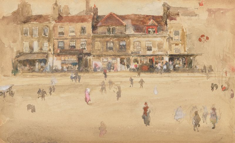 Abstract oil painting by James Abbott McNeill Whistler featuring deep red and brown hues.