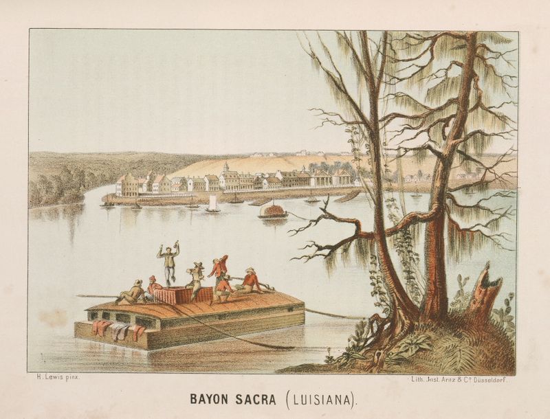 Bayou Sacra, Louisiana by Henry Lewis, depicting cypress trees and lush foliage in an oil painting.