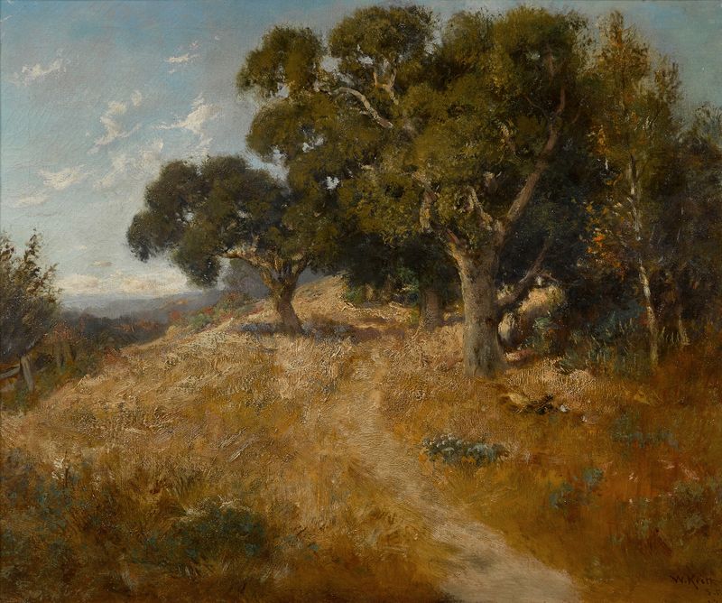 Path through California oaks by William Keith, oil painting depicting an oak grove with dappled sunlight.