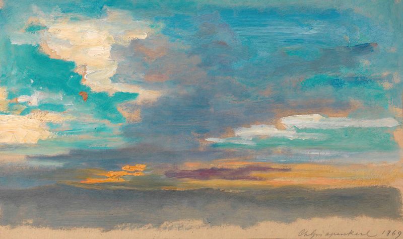 Estudio de nubes en óleo de Christian Griepenkerl que muestra nubes en un cielo cerúleo.