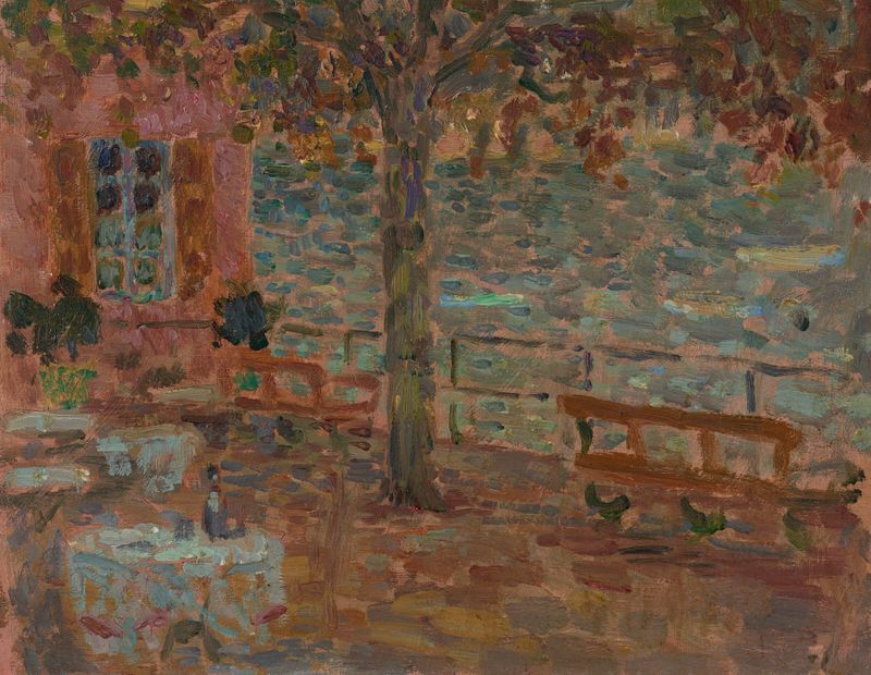 Impressionist landscape of a café by the lake, oil painting by Henri Le Sidaner