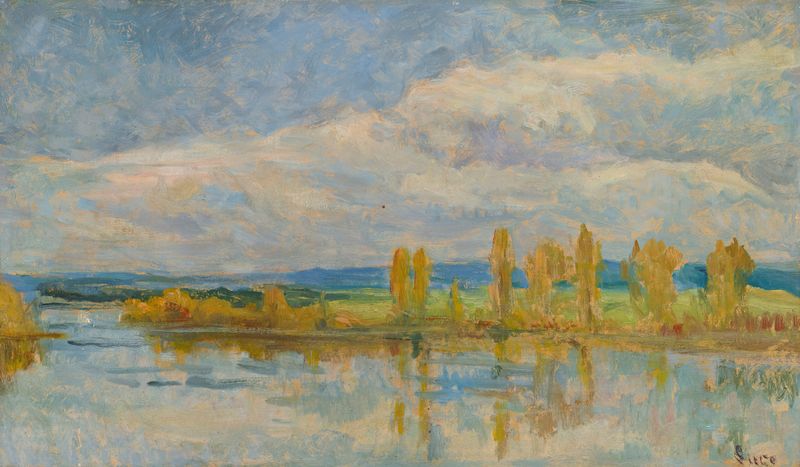 La Seine À Guernes de Maximilien Luce, óleo sobre lienzo que muestra un paisaje sereno del río.