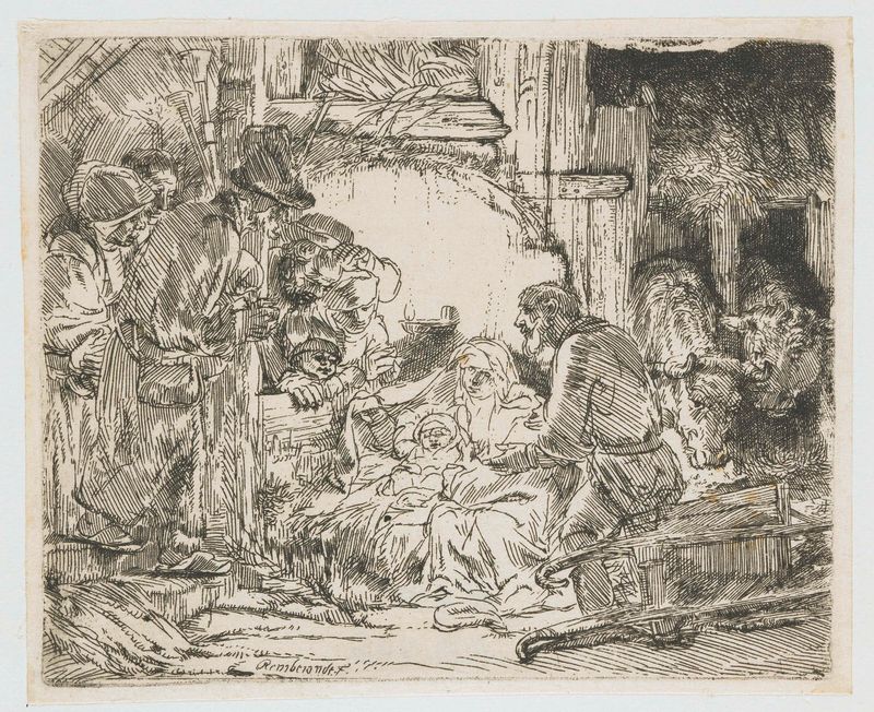 La Adoración de los Pastores, grabado de Rembrandt van Rijn, mostrando pastores alrededor de un niño recién nacido.