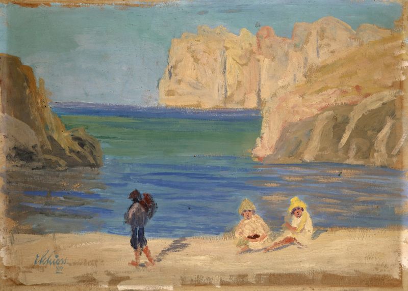 Rocky Bay with Two Seated Figures de Ernst Schiess, Impressionismo, figuras na costa.