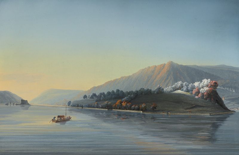 Landscape with lake and hills, oil on canvas by Johann Baptist Stuntz