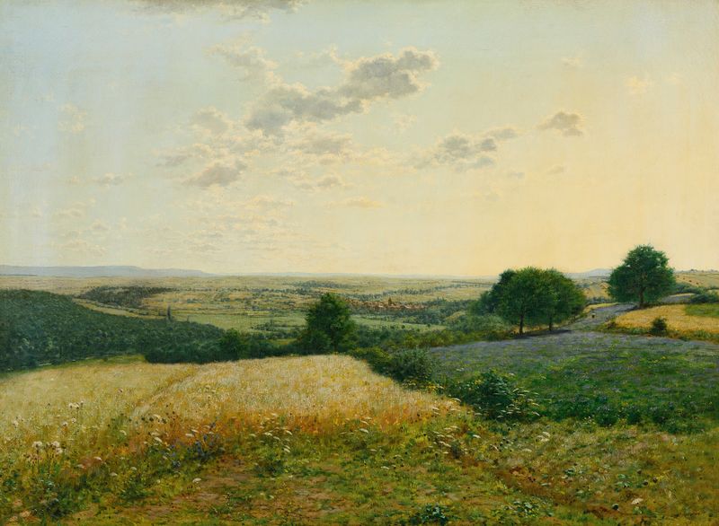 Oil painting by Jean Ferdinand Monchablon depicting a summer landscape with rolling hills.