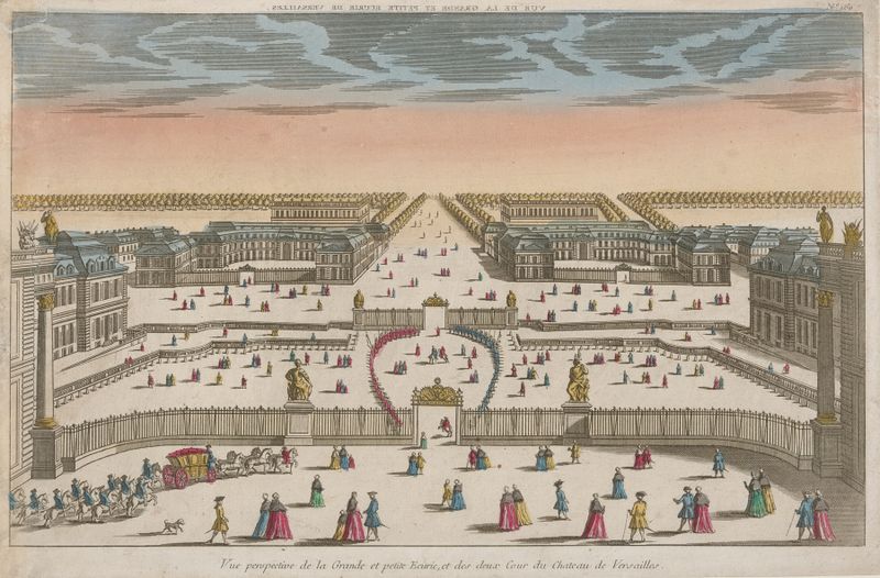 Vista em perspectiva dos estábulos do Palácio de Versalhes, neoclássico, artista desconhecido