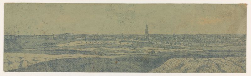 Grabado de Hercules Segers que representa un paisaje con edificios y naturaleza.