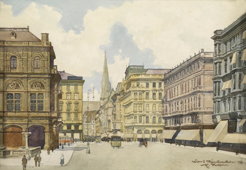 Kärntnerstraße by Franz Hoffelner, oil on canvas depicting a vibrant urban landscape.