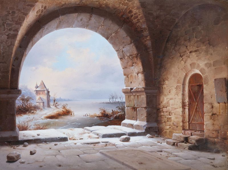 Paisagem de inverno com neve e luz de Wilhelm Steuerwaldt, pintura a óleo