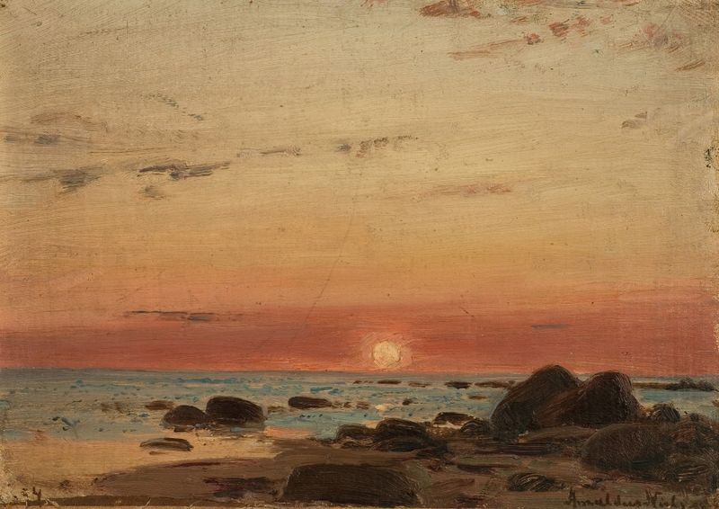 Cena de pôr do sol paisagístico de Amaldus Nielsen, pintura a óleo