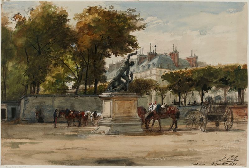 Historical scene of soldiers gathering in Tuileries, oil on canvas by Isidore Pils