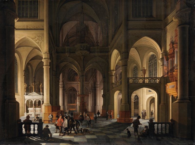 Interior of a church with stained glass light reflections, oil on canvas by Anthonie de Lorme