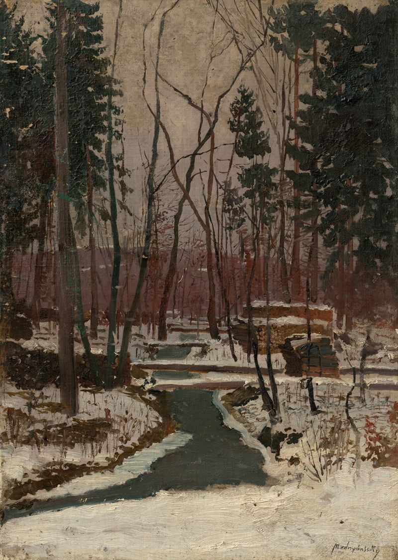 Thaw de Ladislav Mednyánszky, óleo sobre tela representando gelo derretendo e água fluindo.