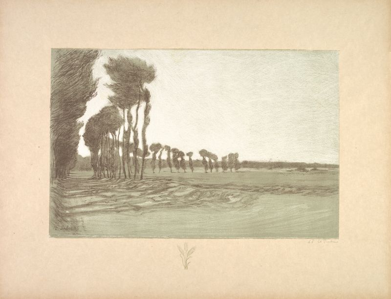 Engraving by Charles Marie Dulac depicting three wheat stalks in a landscape