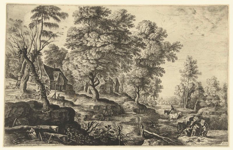Grabado de Lucas van Uden que muestra a trabajadores empujando un carro en un paisaje.
